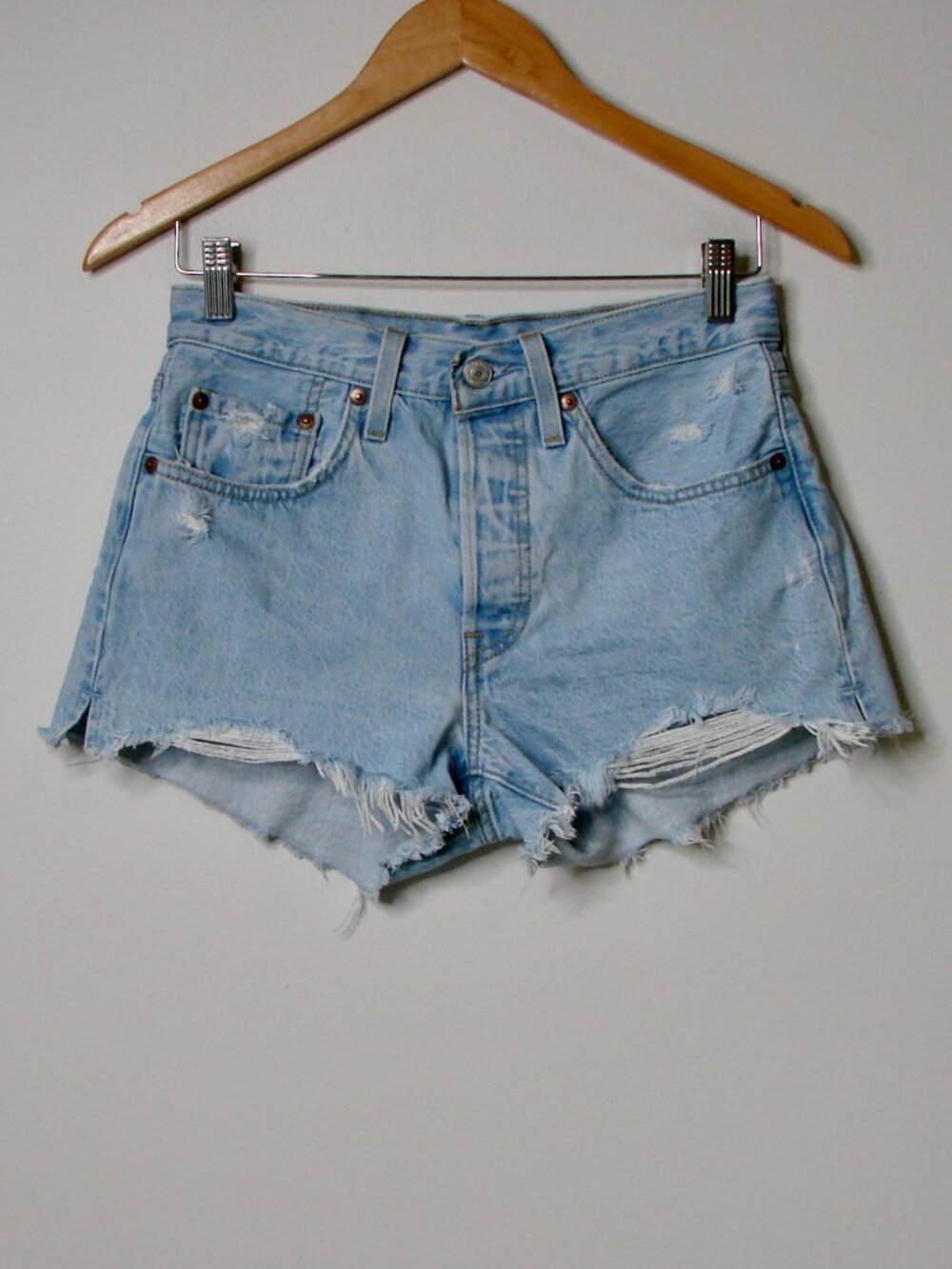 Levi's Cut Off Denim Jean Shorts Red Tab Light Blue Wash Distressed Raw Hem 26